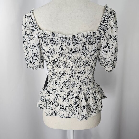 Lulus Women's Black & White Floral Print Puff Sleeve Smocked Blouse Size L NWT - Picture 7 of 13